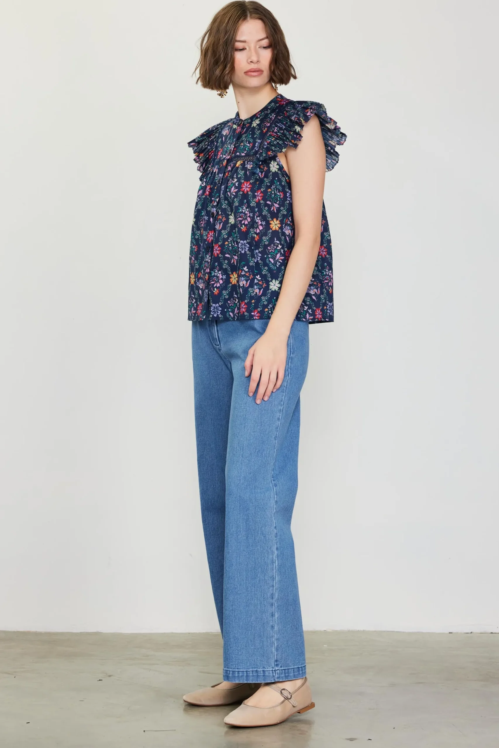Amelia Floral Print Ruffle Sleeve Top