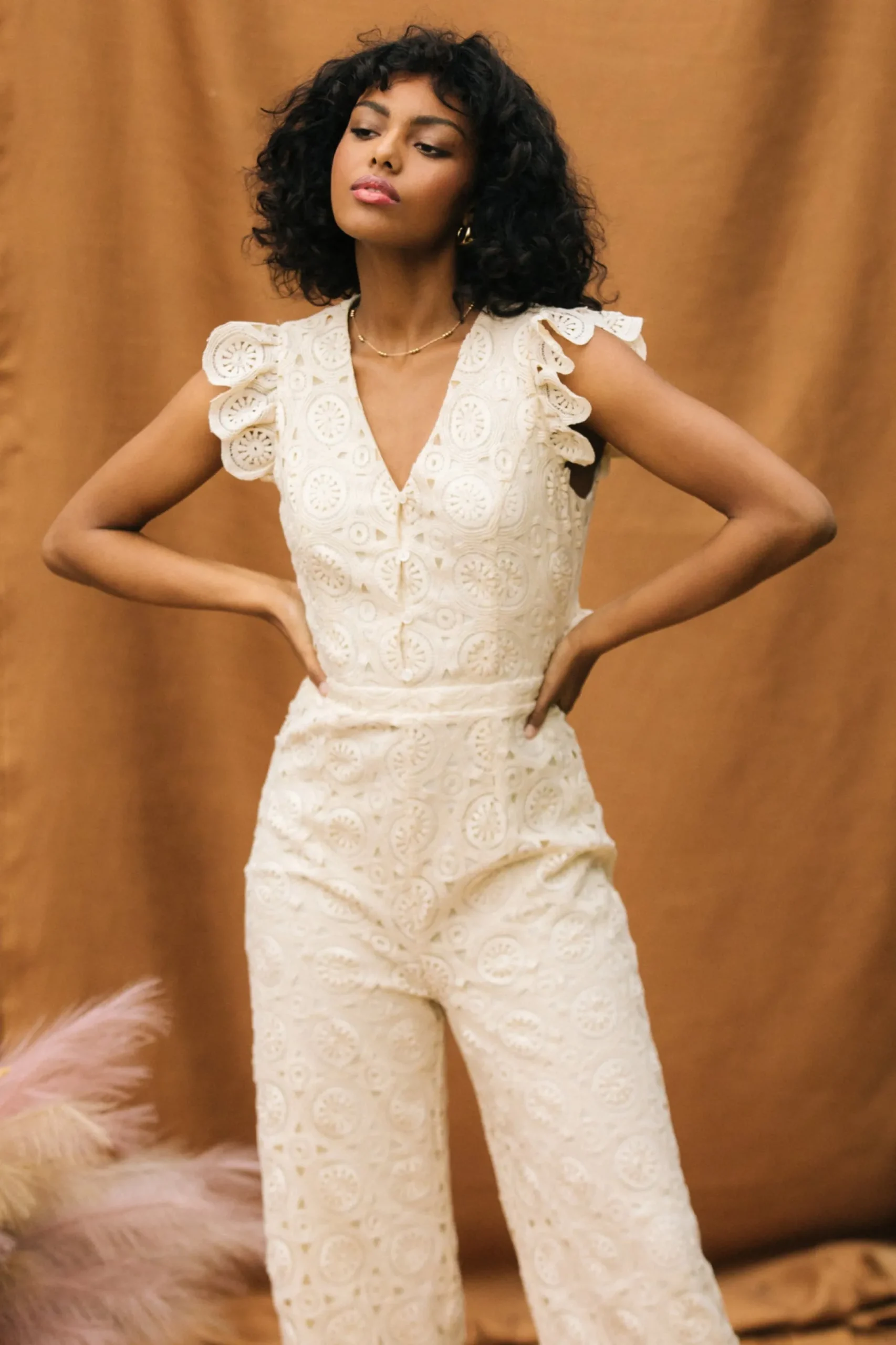 Crochet Ruffled Sleeve Jumpsuit