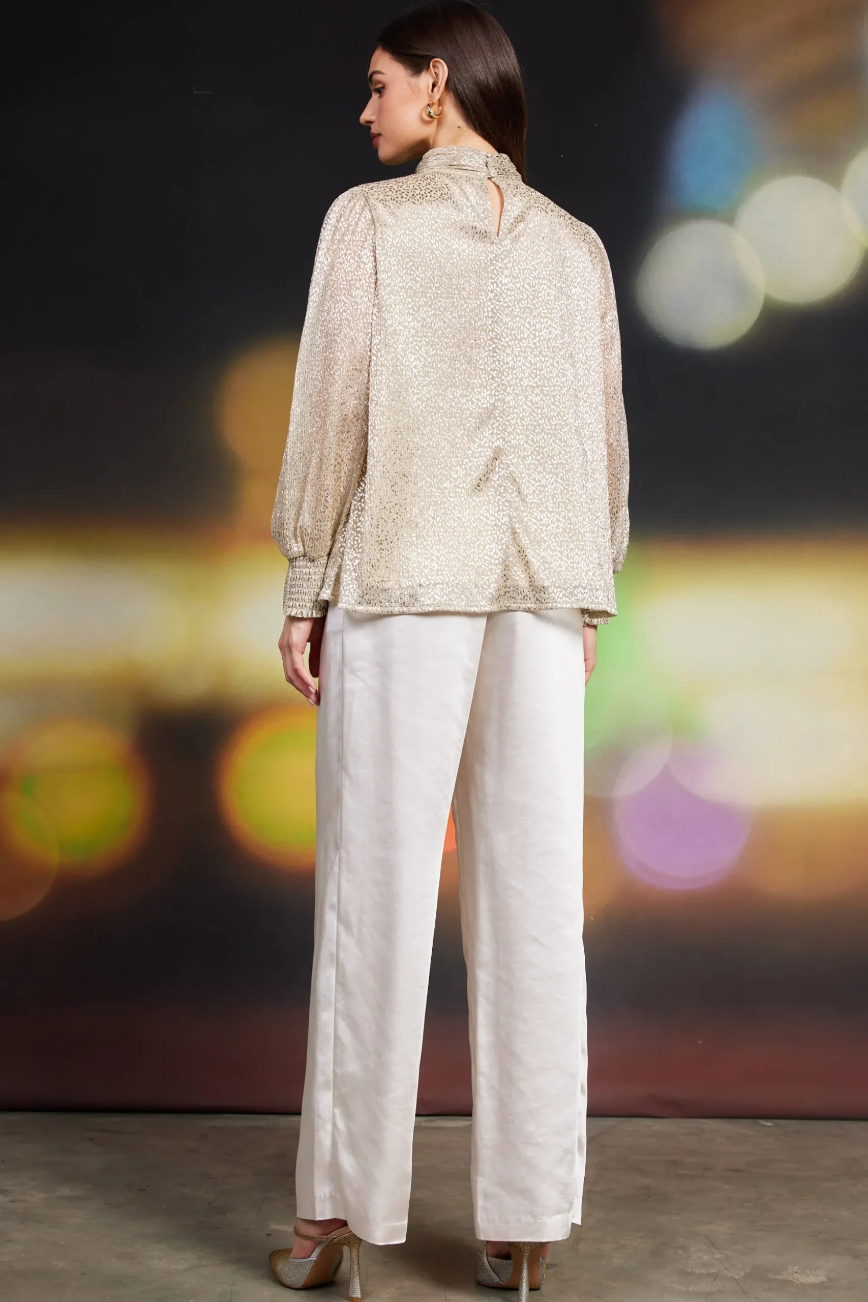 Lurex Shirred Mock Neck Top