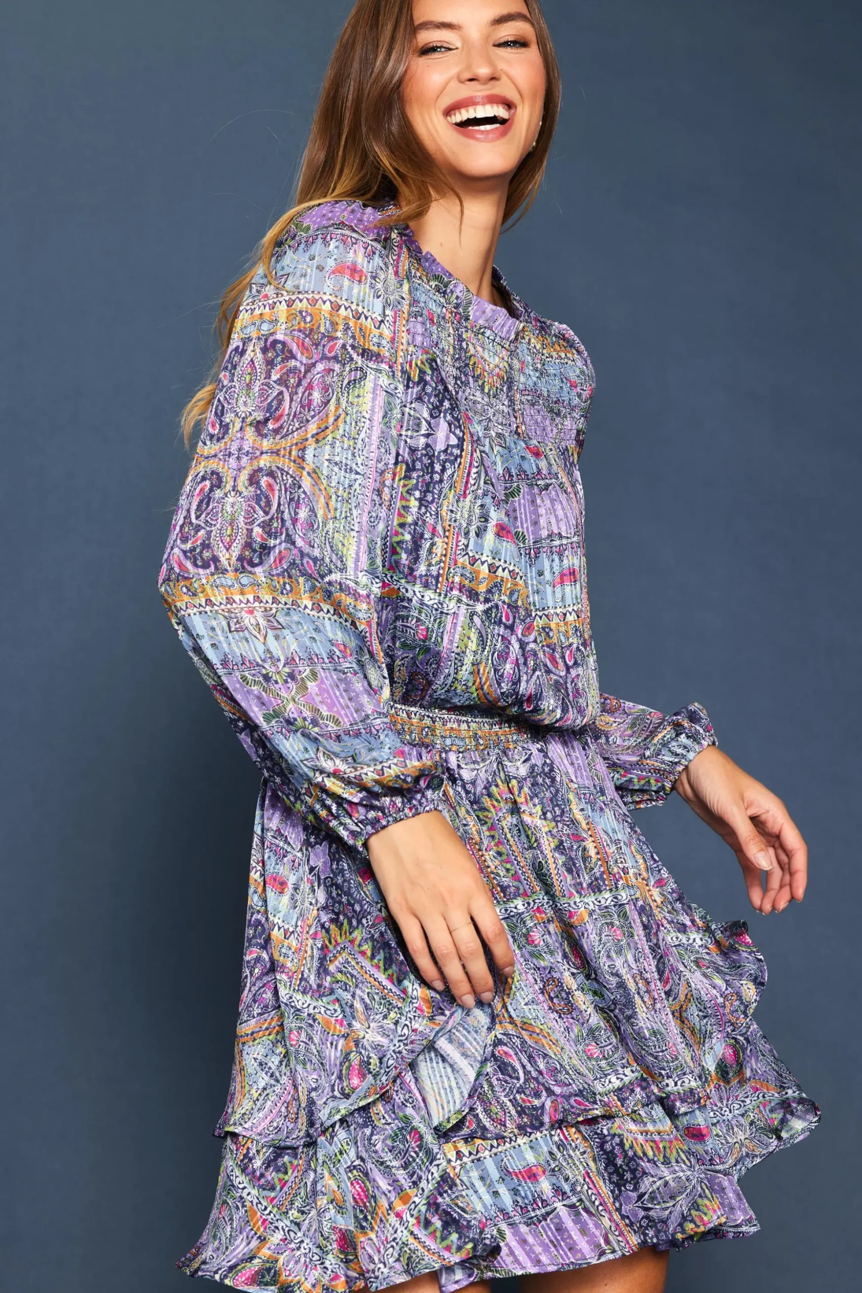 Paisley Motif Smocked Mini Dress
